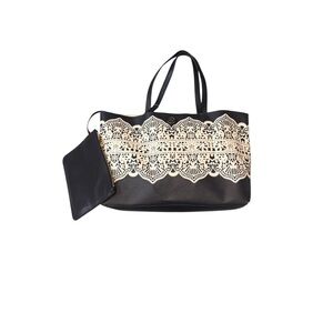 Tori Burch Large Black White Lace Printed Tote Bag Purse with Detachable Insert